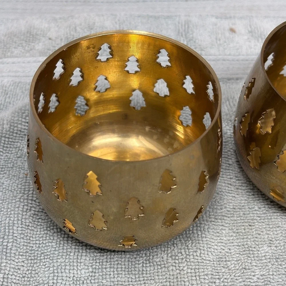 Vintage‎ Brass Christmas Tree Cutout Votive Candle Holder Set of 2 Gold Tone 3in